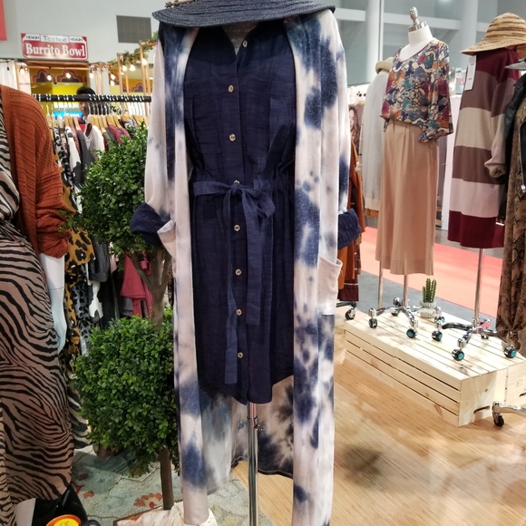 Blue Tie Dye Duster with Pockets & Side Slits - Picture 1 of 13